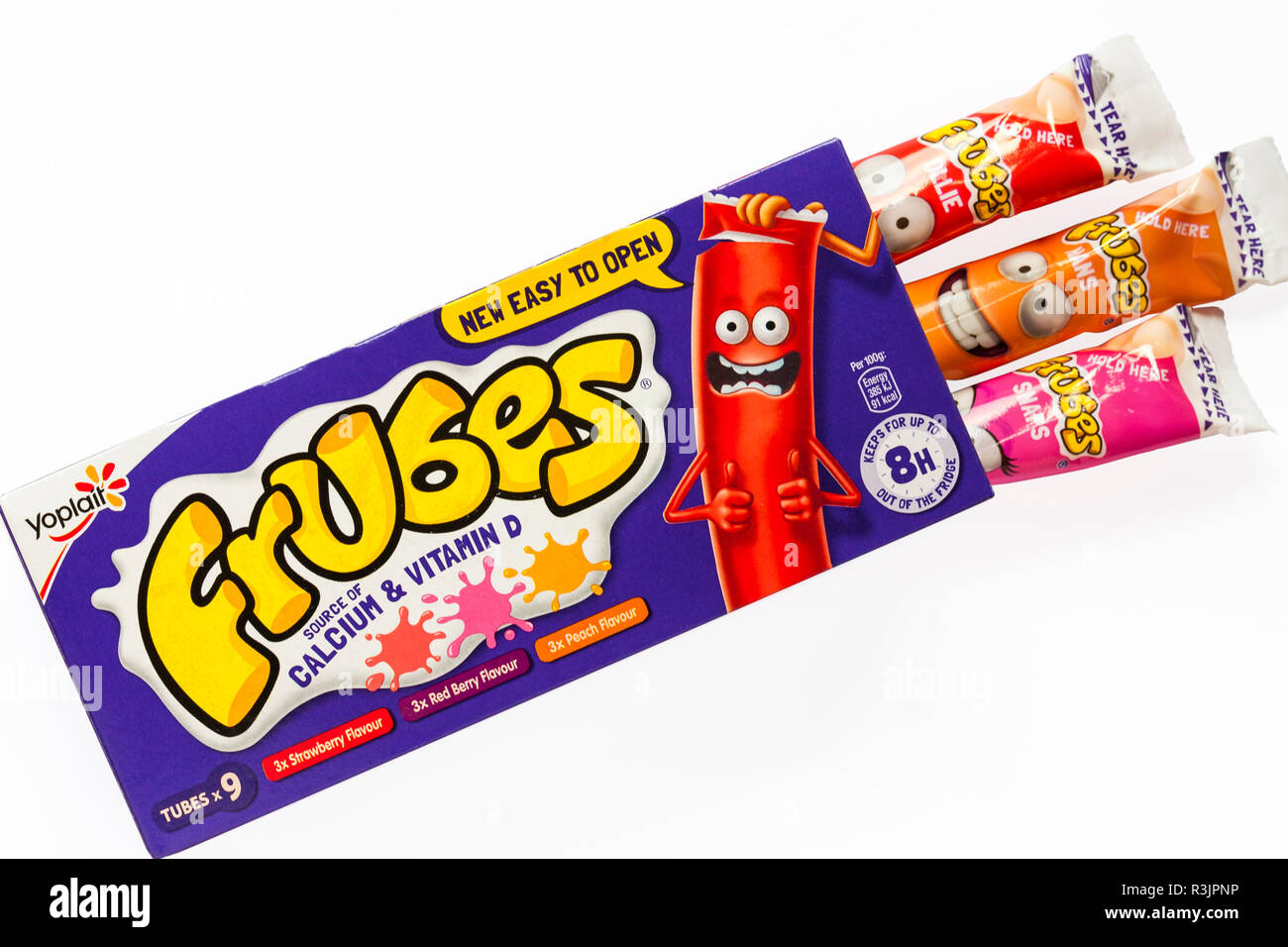 Box and tubes of Yoplait Frubes fromage frais in a tube yoghurt yogurt set on white background - also known as Go-GURT and Yoplait Tubes Stock Photo
