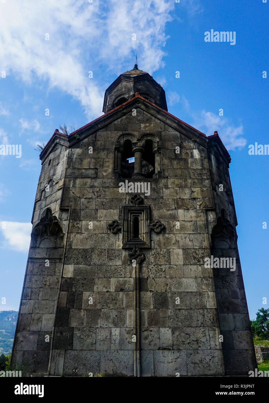 Haghpatavank Monastery Bell Tower Front View with Cross and Windows Stock Photo