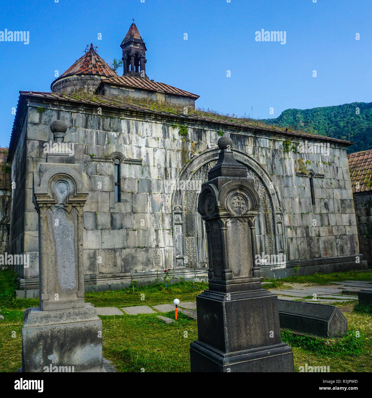 Haghpatavank Monastery Cross on Church Dome and Grave Stones Stock Photo