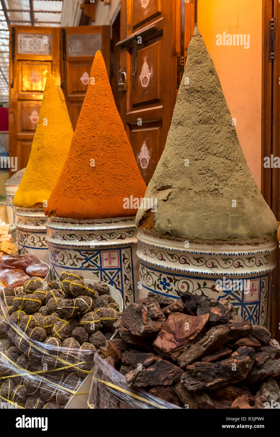 Spices and herbs on sale in Marrakech market, Marrakesh, Morocco Stock Photo