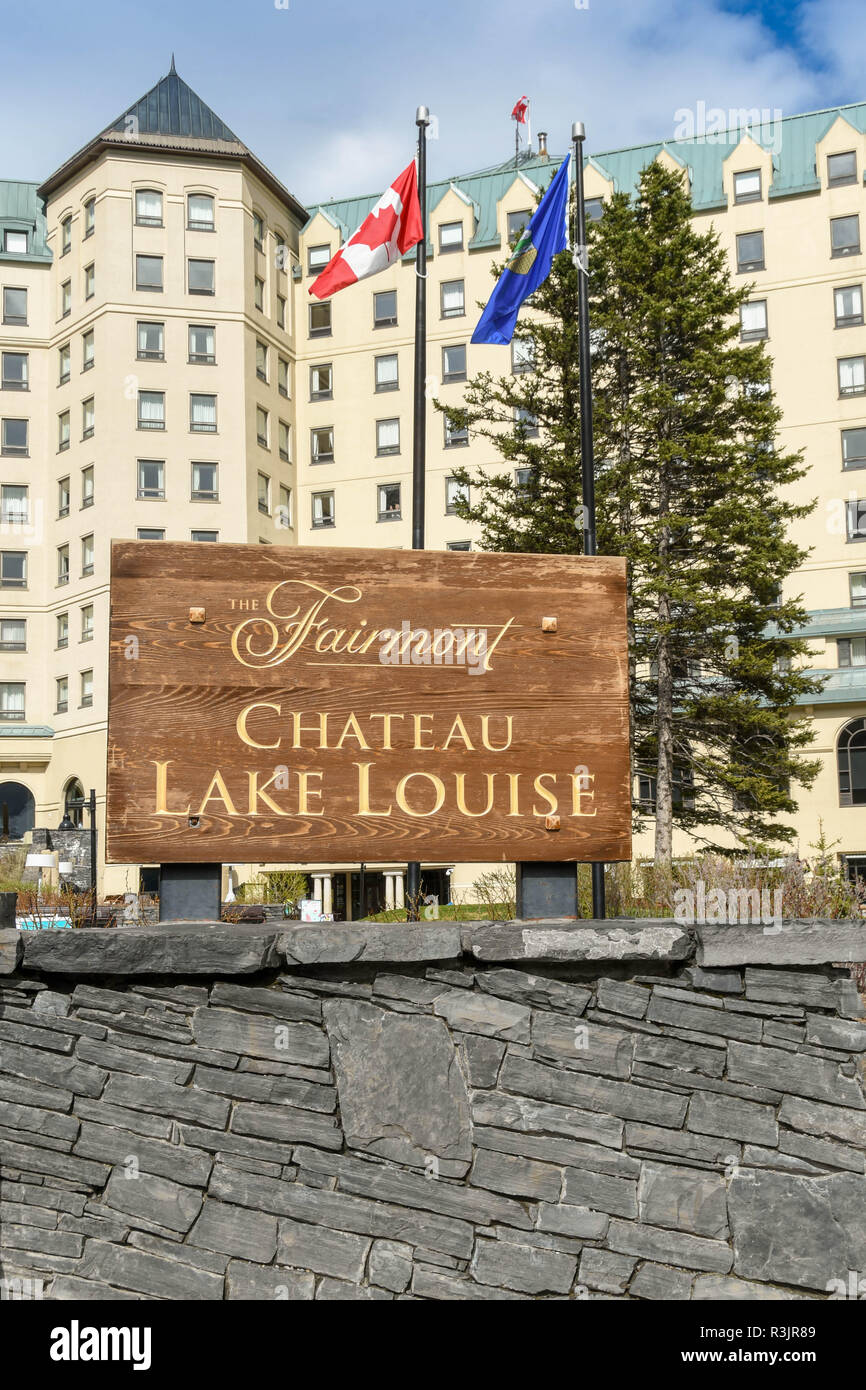 LAKE LOUISE, AB, CANADA - JUNE 2018: Sign outside the Fairmont Chateau Lake Louise hotel in Alberta, canada. Stock Photo
