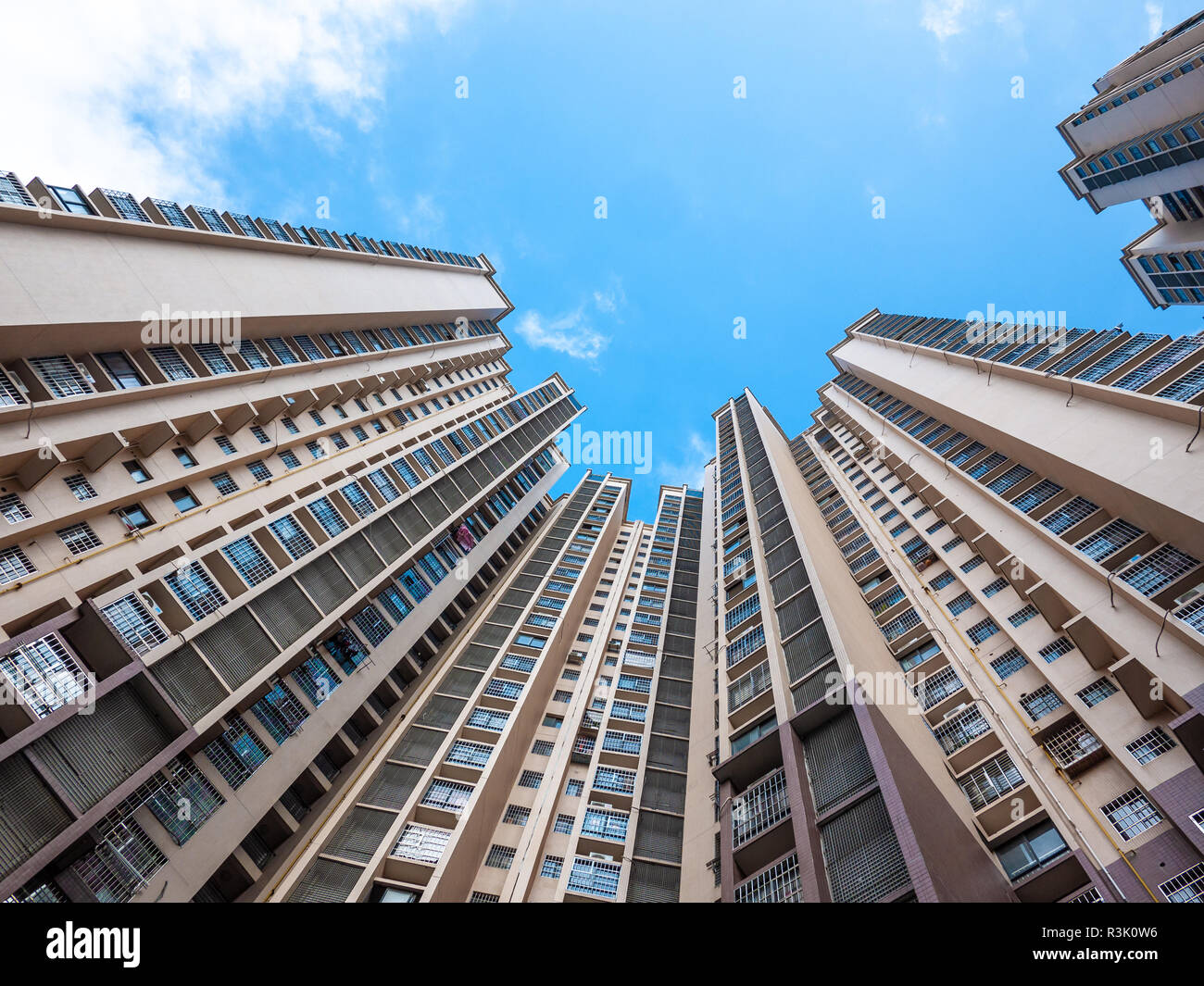 Looking up from bottom of high-rise residential apartment buildings. Liuzhou, Guangxi Province, China. Stock Photo