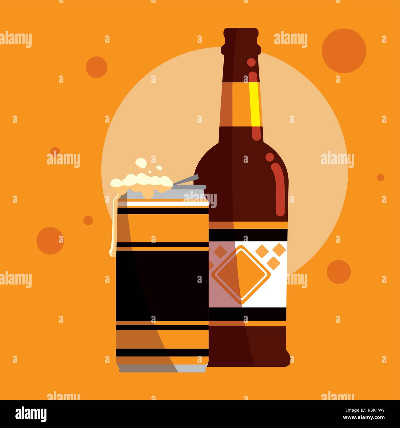 Beer bottle and can over orange background, vector illustration Stock