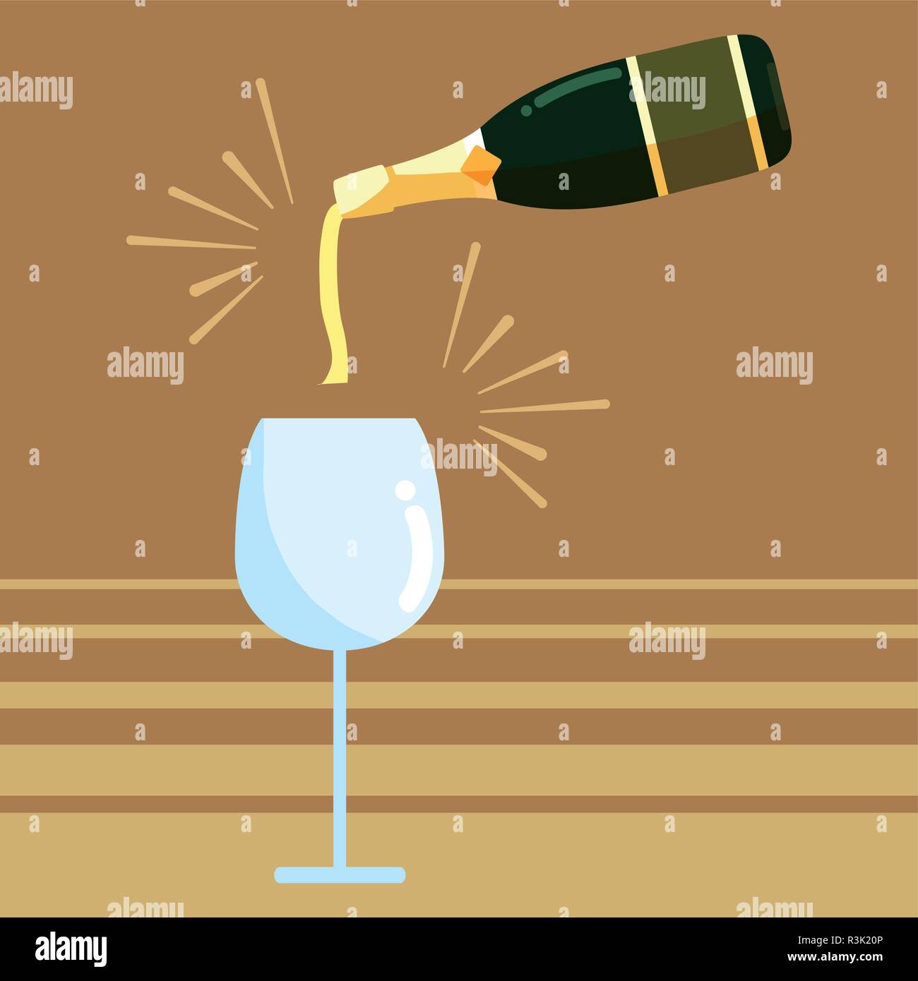 Champagne Pouring Into Glass from Bottle over brown background, vector illustration Stock Vector