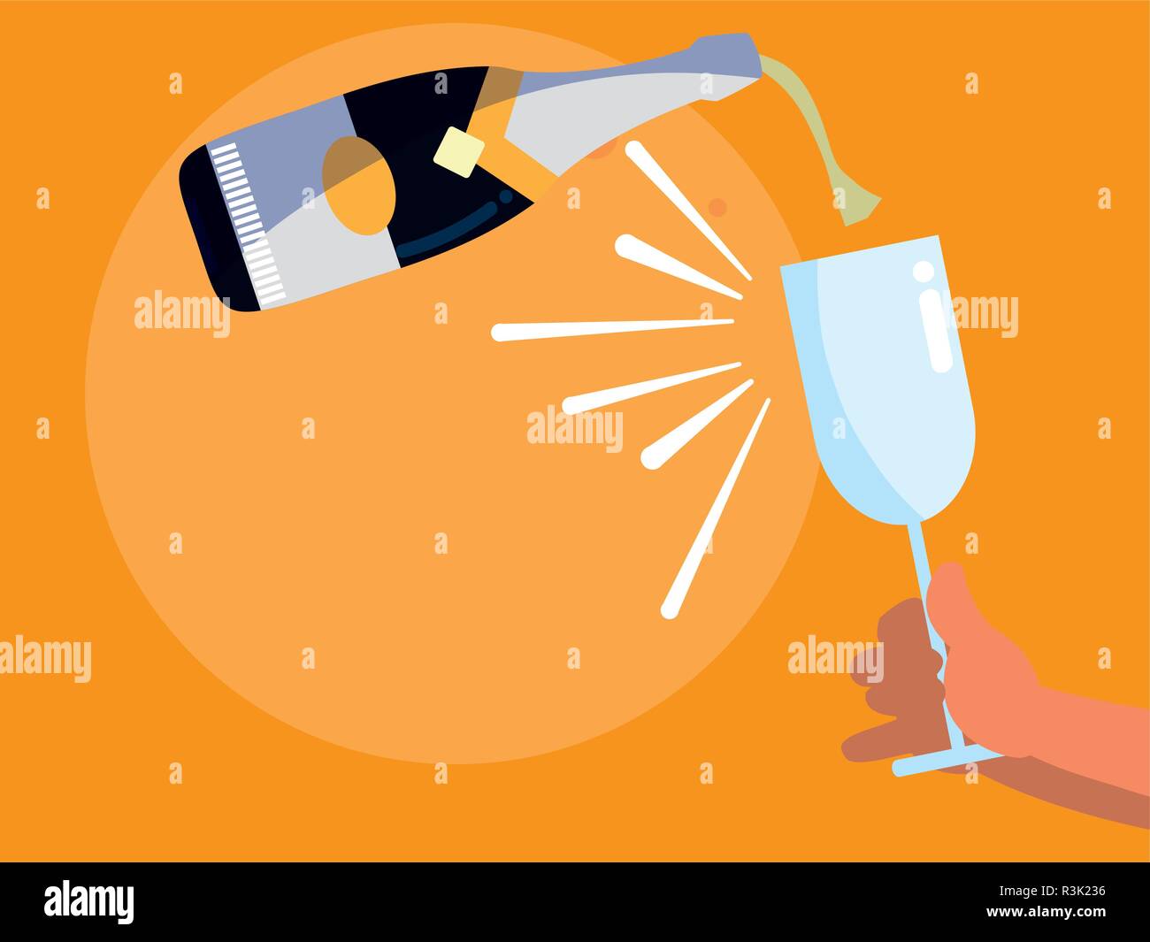 Champagne Pouring Into Glass from Bottle over orange background, colorful design, vector illustration Stock Vector