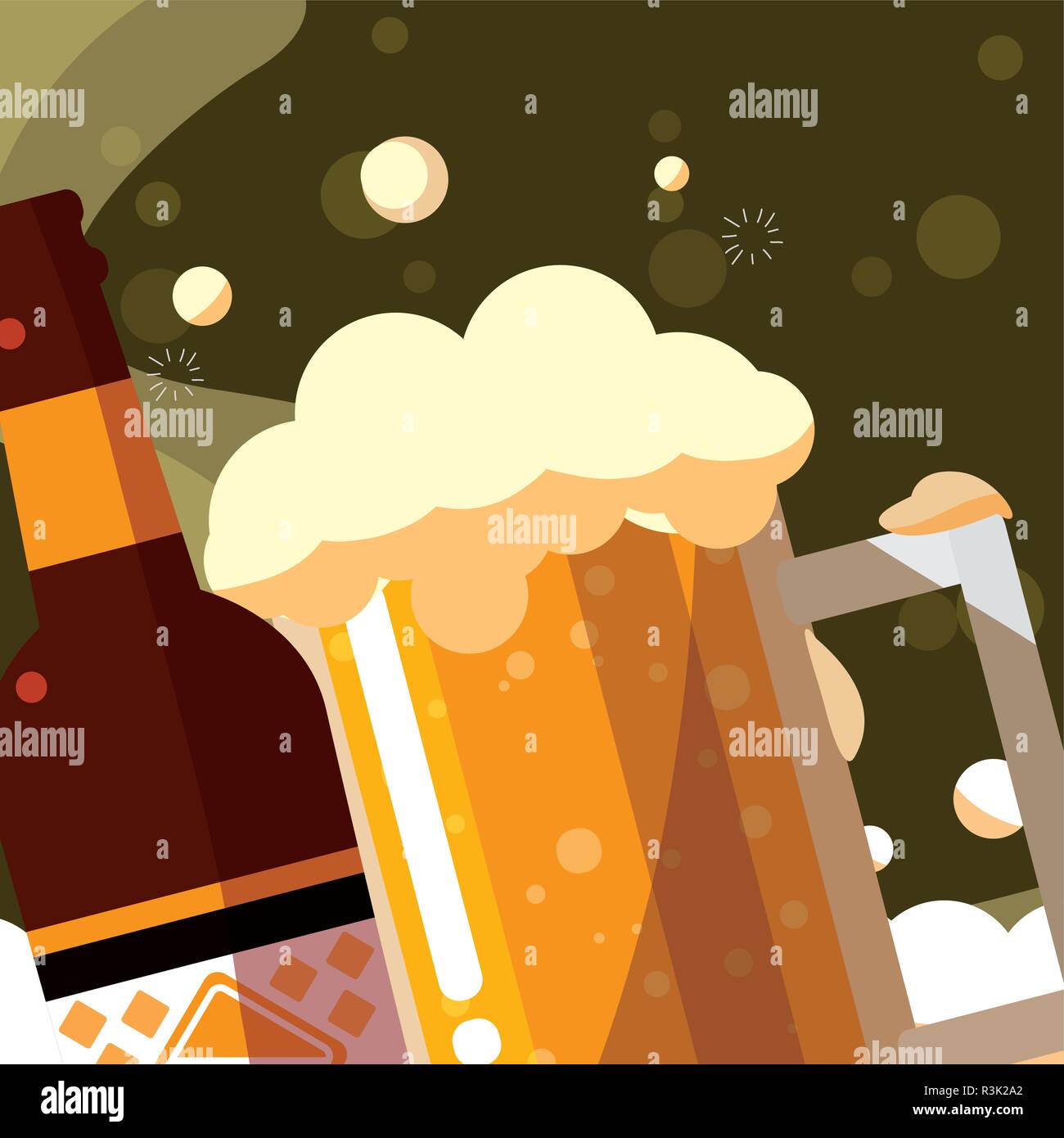 Beer bottle and mug glass over green background, vector illustration ...