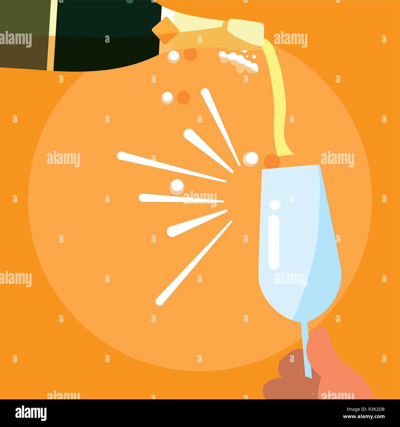 Champagne Pouring Into Glass from Bottle over orange background, colorful design, vector illustration Stock Vector