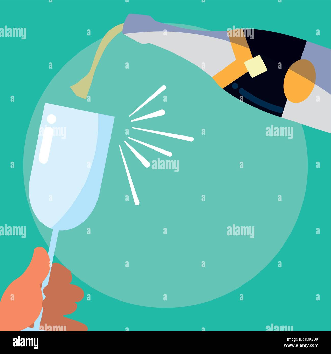 Champagne Pouring Into Glass from Bottle over blue background, vector illustration Stock Vector