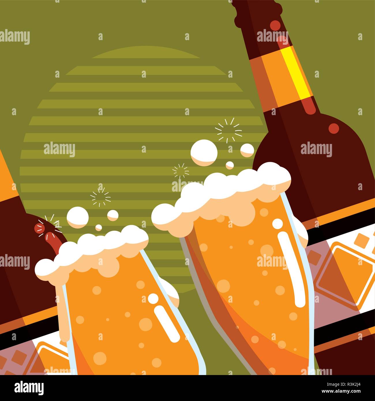 Beer bottles and glasses over green background, vector illustration