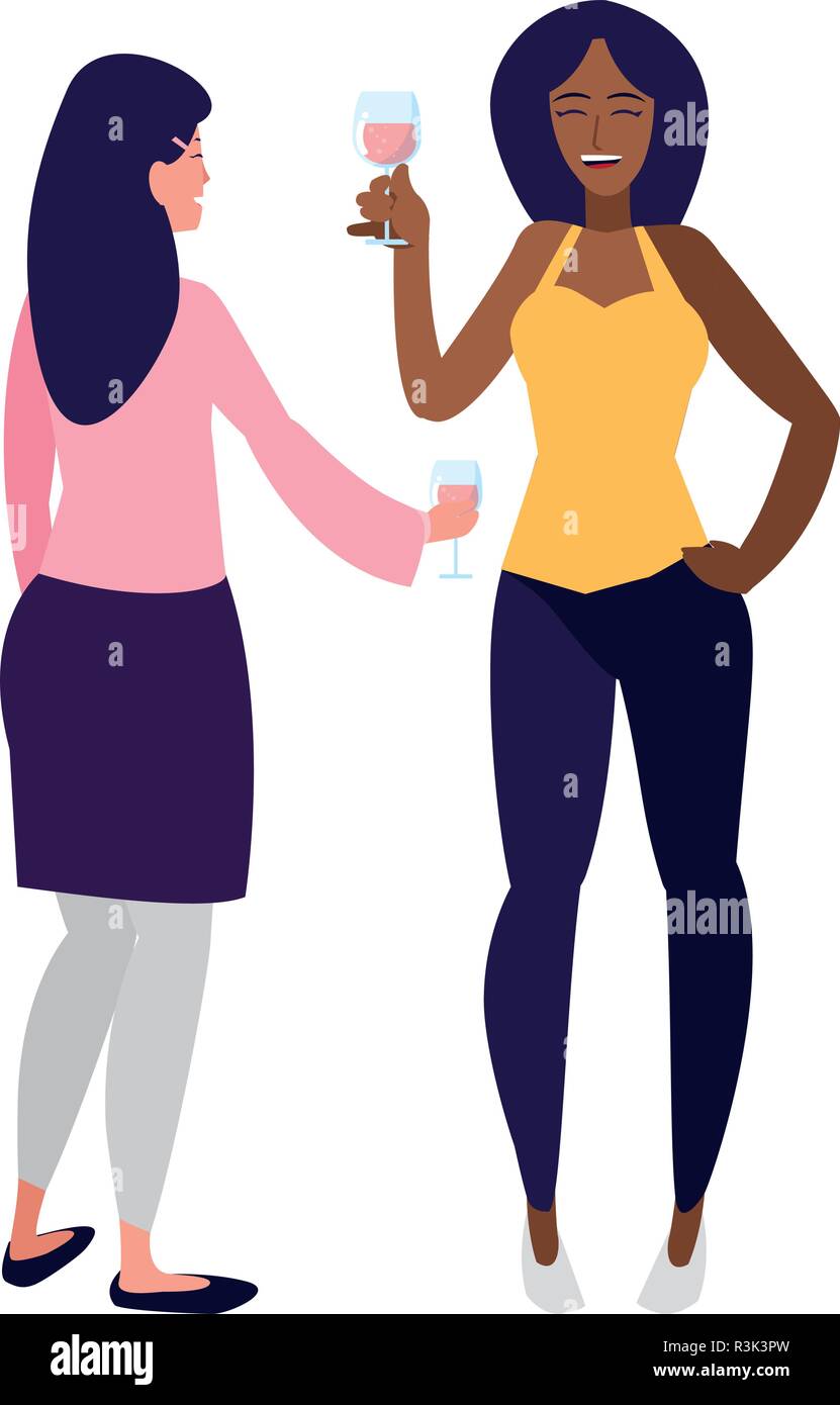 cartoon women enjoying wine glass over white background, vector