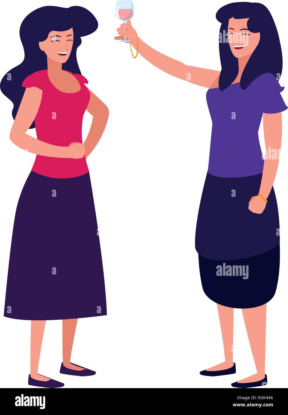 cartoon women enjoying wine glass over white background, vector