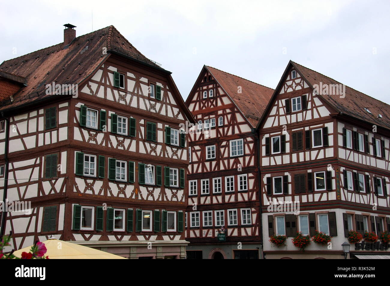 half-timbered houses at the market square in mosbach / baden Stock Photo