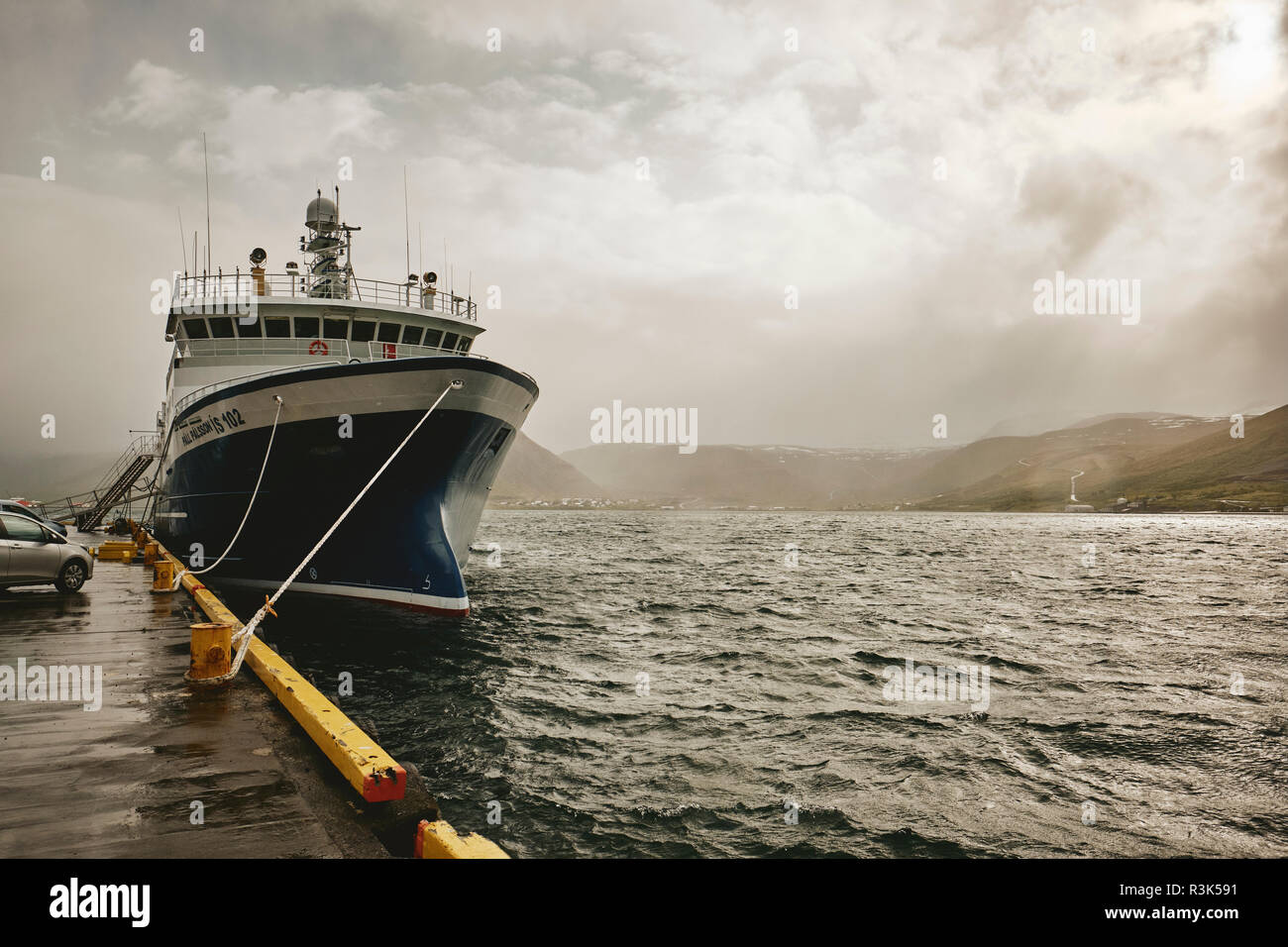 An Icelandic Fishing Trawler Docked At The Fishing Port Of Isafjordur In The Westfjords Region Of Iceland Stock Photo Alamy