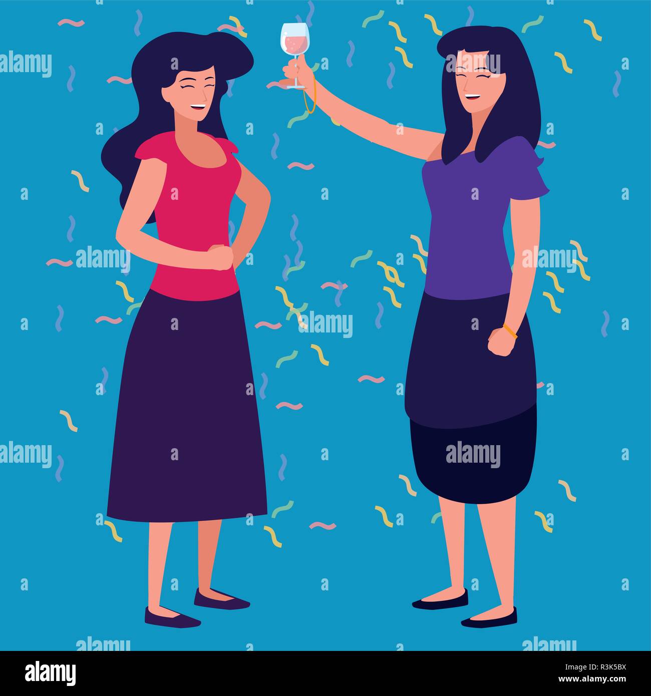 cartoon women enjoying wine glass over blue background, vector