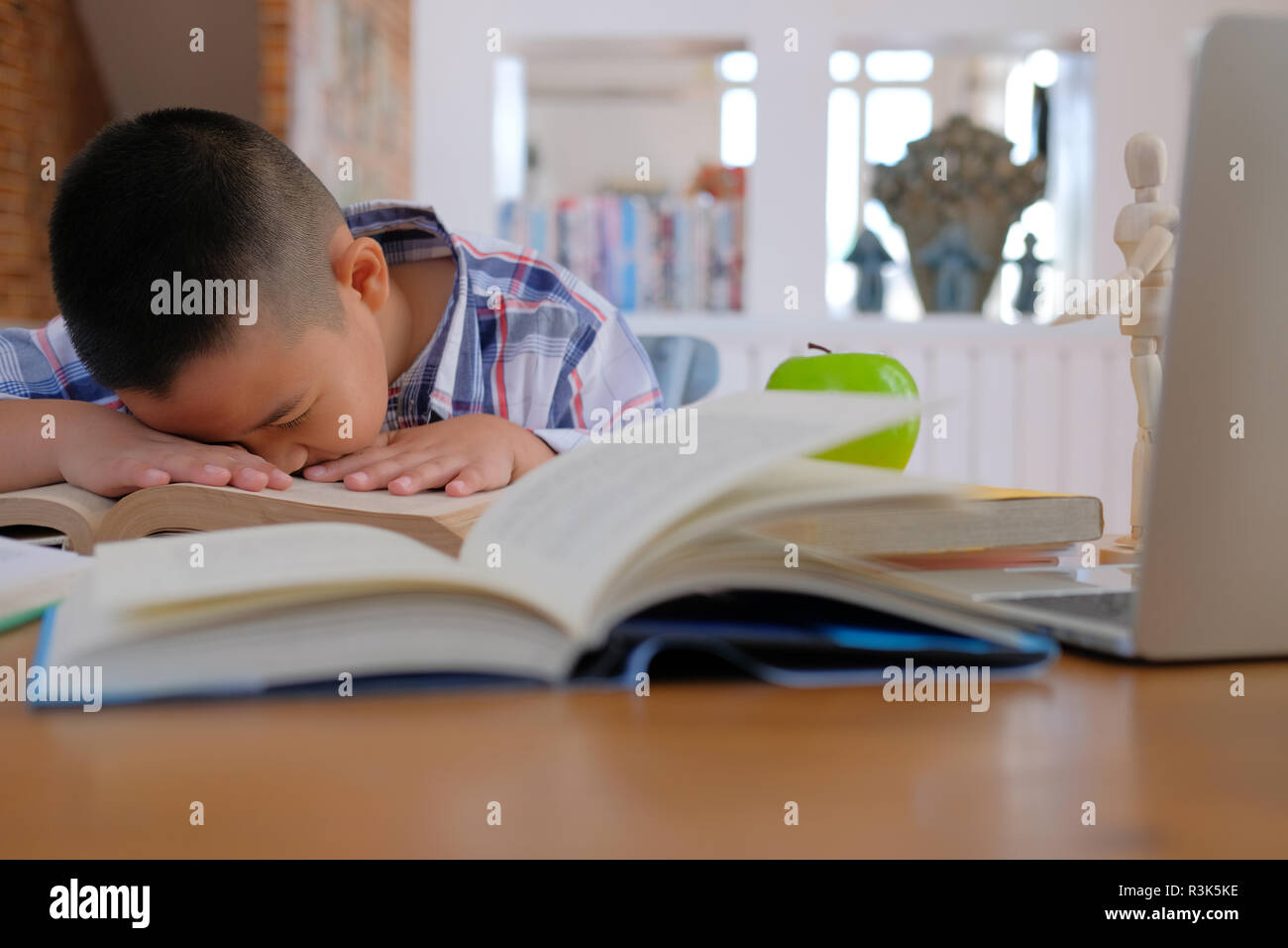 Lazy Stressed Young Little Asian Kid Boy Resting Sleeping On Desk