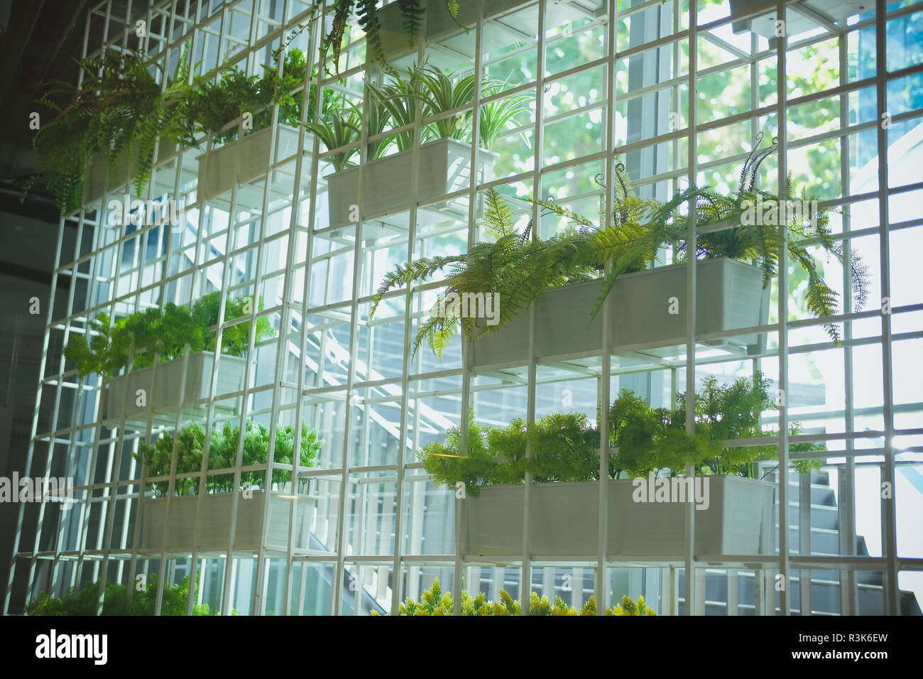 artificial plant. fake flowerpot in indoor vertical garden Stock Photo
