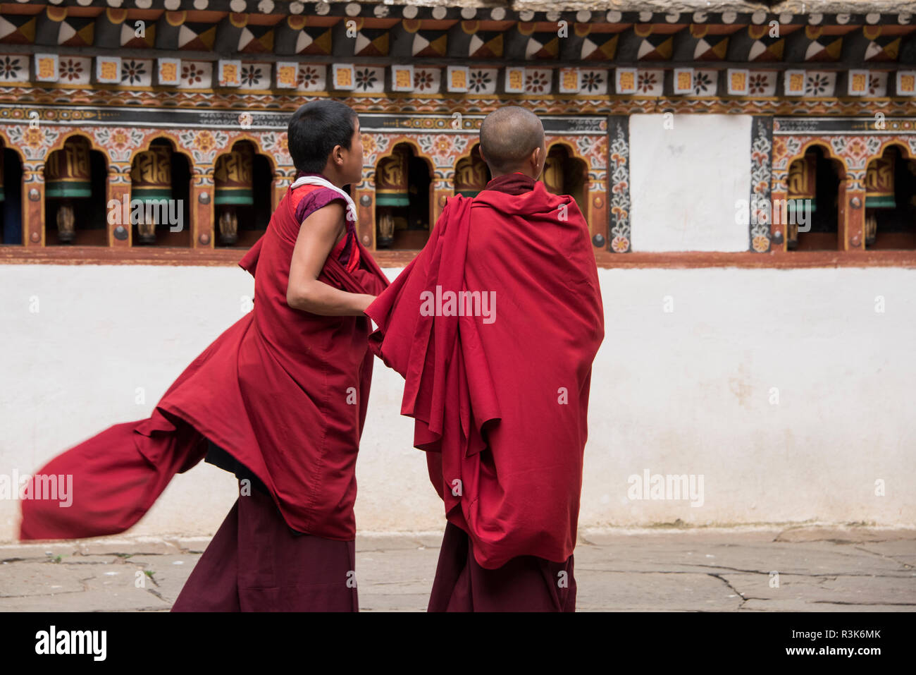 Bhutan, Paro, Rinpung Dzong. Novice monks at 15th century Buddhist monastery and fortress. Tentative List for UNESCO inclusion. Stock Photo