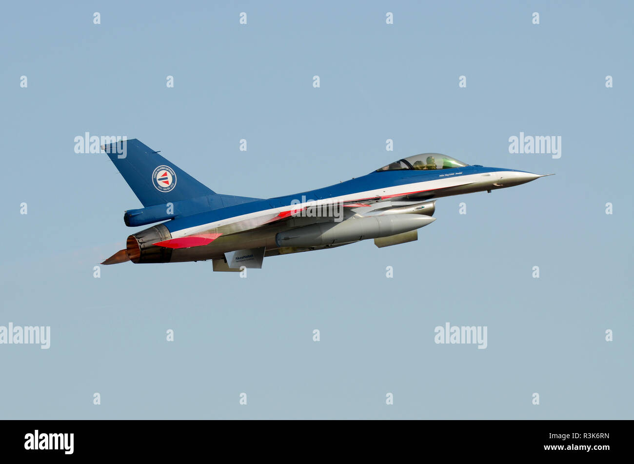 Royal Norwegian Air Force General Dynamics F-16 Fighting Falcon jet fighter plane in special paint scheme marking centenary of military Norway flight Stock Photo