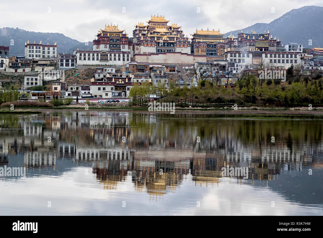 China, Yunnan Province, Northwestern Yunnan, Shangri-La, Songzanlin Monastery. The monastery at dawn reflected in the sacred lake. Stock Photo