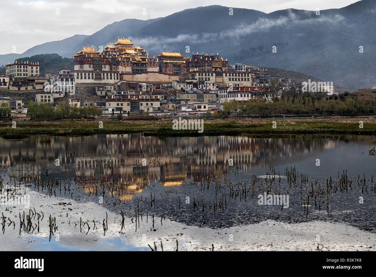 Asia, China, Yunnan Province, Shangri-la, Songzanlin Monastery. The monastery at dawn reflected in the sacred lake. Stock Photo