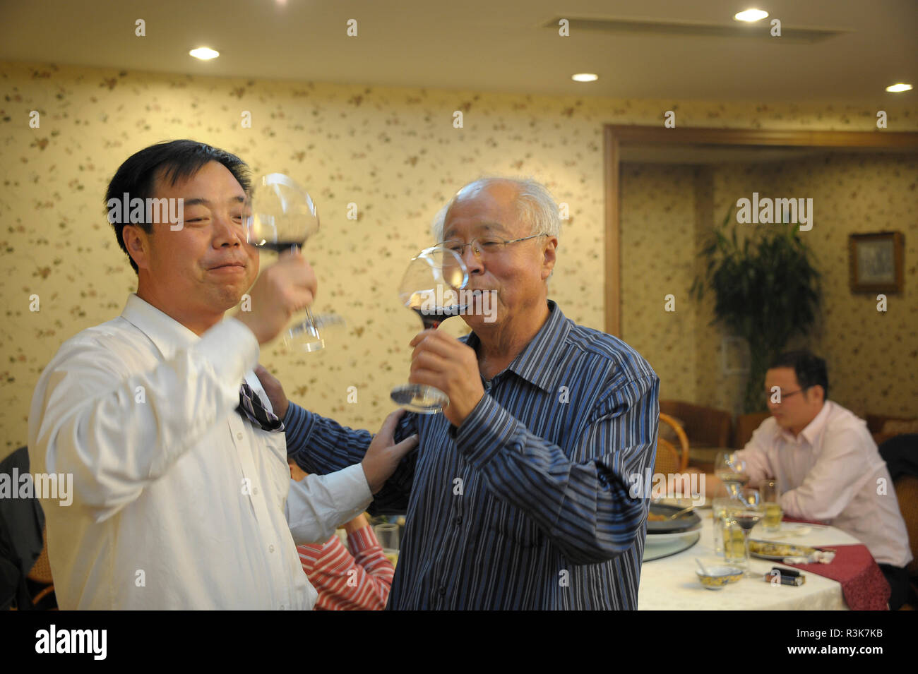 China, Miyun County, Beijing province, Ju Gezhuang. Two Chinese men drinking wine at a dinner. Stock Photo