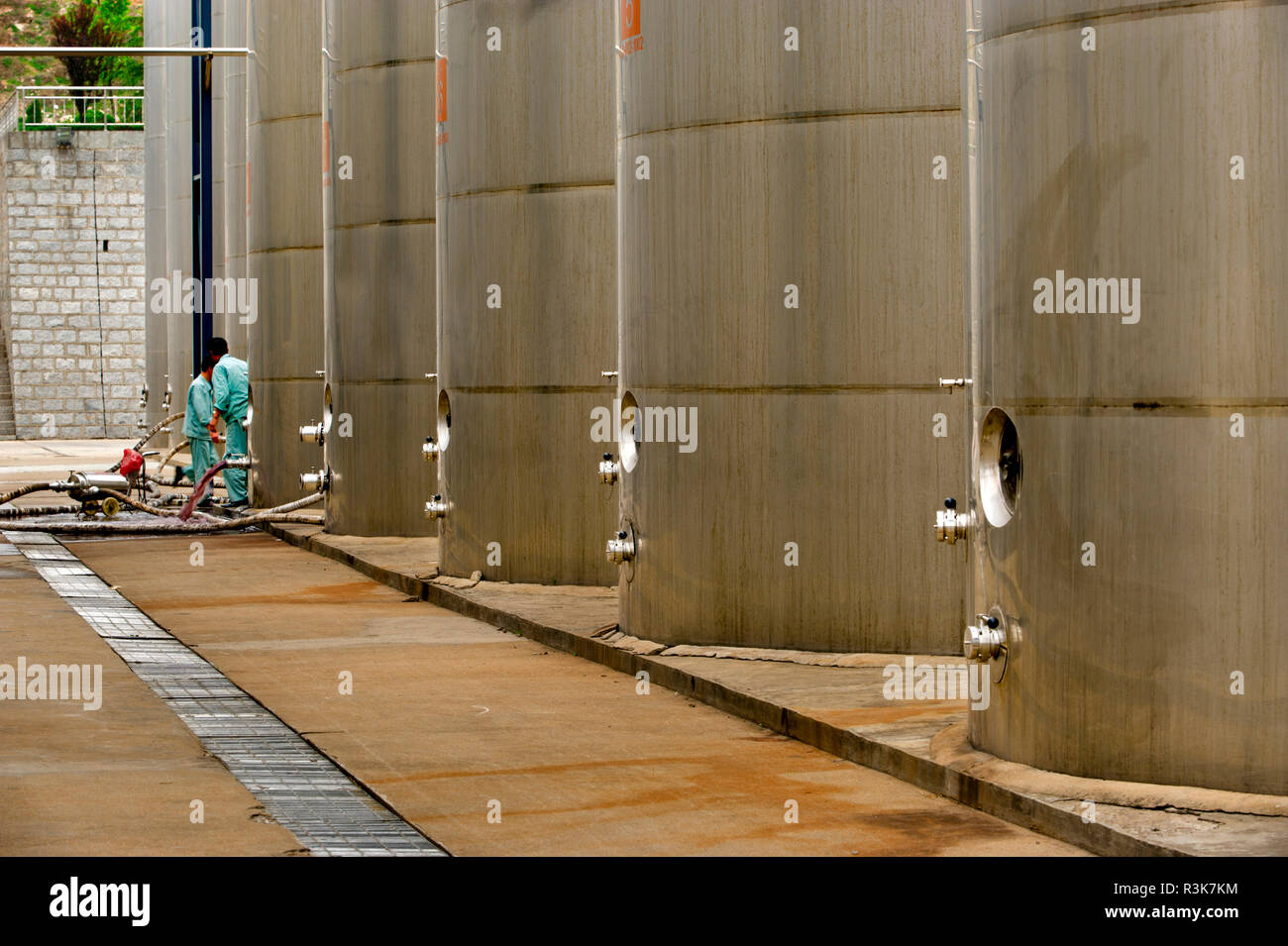 China, Shandong Province. Large stainless steel fermentation tanks holding 210 tons of juice at Changyu winery. Stock Photo