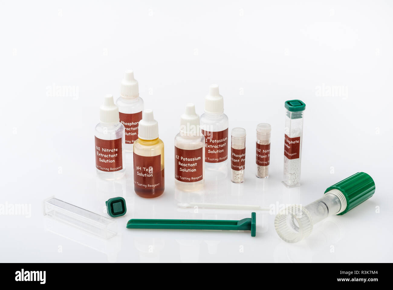 Soil Testing Kit with chemicals for testing potassium, nitrogen, phosphorus and acidity levels in soil. Stock Photo