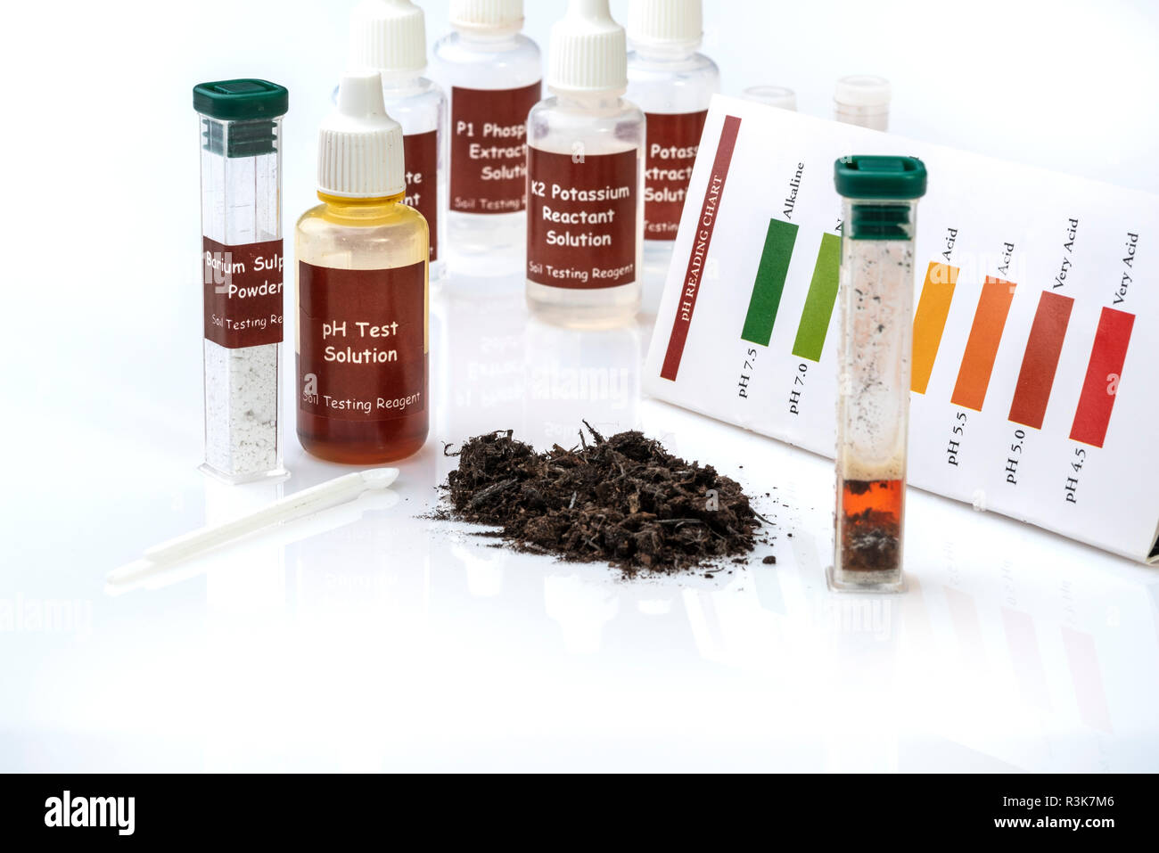 Soil Testing Kit with chemicals for testing potassium, nitrogen, phosphorus and acidity levels in soil. Showing PH or acid levels test. Stock Photo