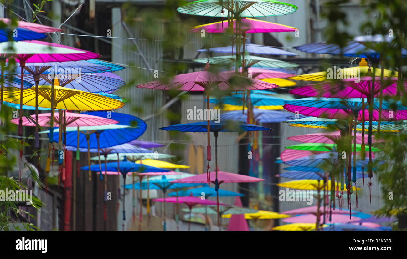 Umbrella decoration in Tianzifang, an arts and crafts enclave in the French Concession area, Shanghai, China Stock Photo