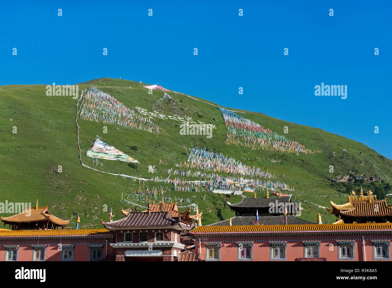 Tagong Monastery Tagong Monastery, prayer words and praying flags on the hillside ...