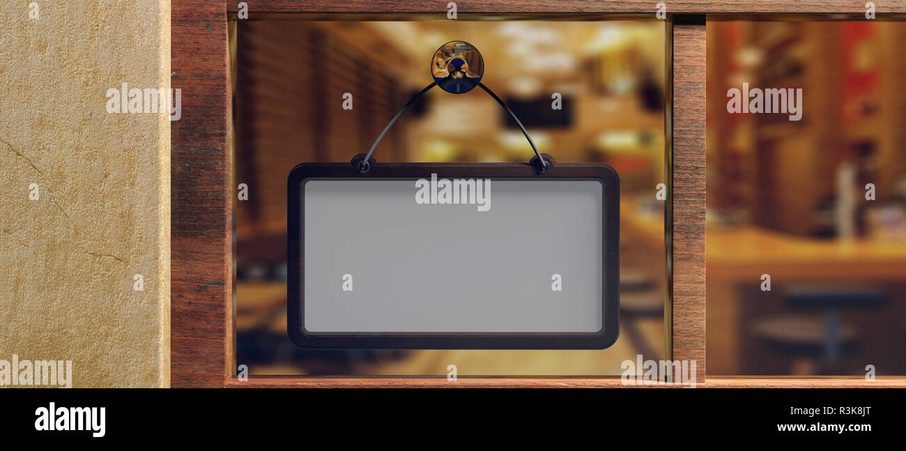 Blank Sign With Wooden Frame Hanging On Glass Storefront Space