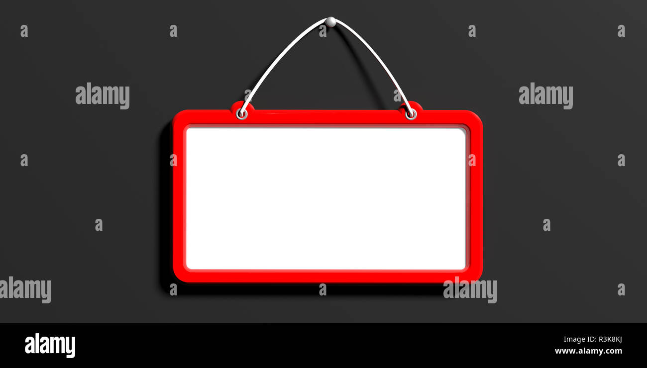 Blank sign with red frame hanging on black wall background, space for ...