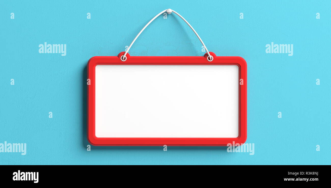 Blank sign with red frame hanging on blue wall background, space for ...