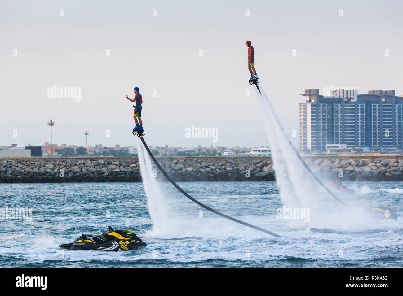 UAE, Dubai Marina. Jumeirah Beach water jet pack stunt flyers Stock Photo -  Alamy