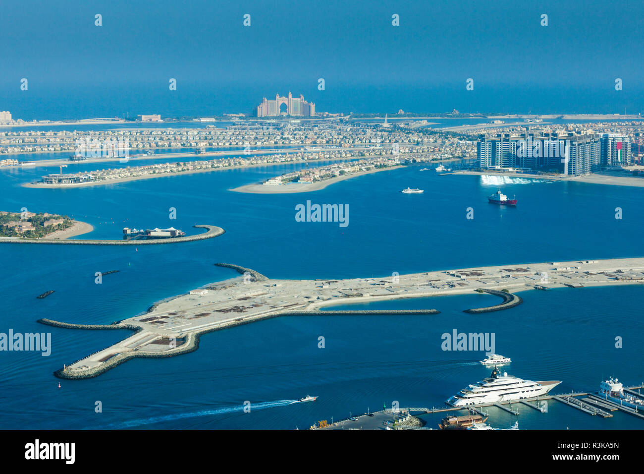 UAE, Dubai, Palm Jumeirah, elevated view of the Palm area of manmade islands in the shape of a
