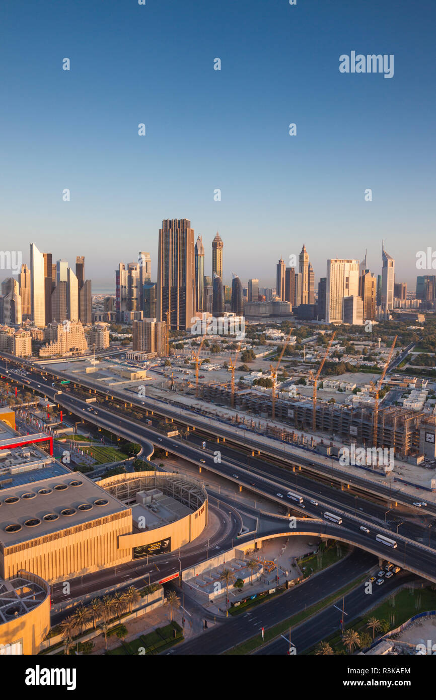 UAE, Downtown Dubai. Elevated view of skyscrapers on Sheikh Zayed Road from downtown Stock Photo