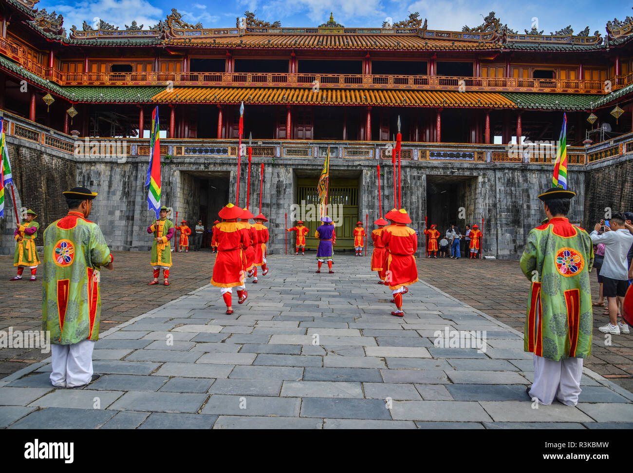Hue, Vietnam - Jul 21, 2018. The royal guards parade marching to the Hue Imperial City (The Citadel) for change of guards cermony. Stock Photo