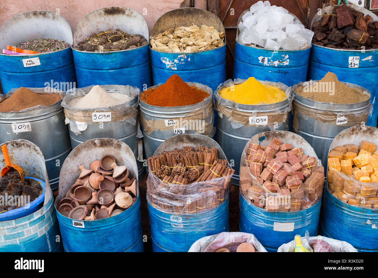 Morocco. Spices, soaps, salts and other products for sale at a shop. Stock Photo