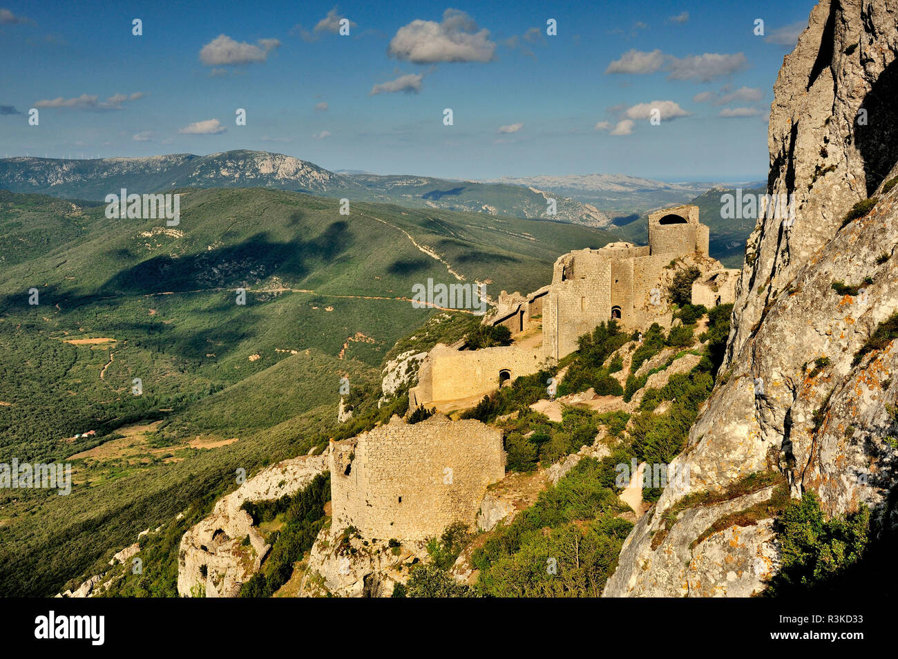 Cathar castle "Chateau de Peyrepertuse in the town of Duilhac-sous-Peyrepertuse (south of France). The building is classified as a National Historic L Stock Photo