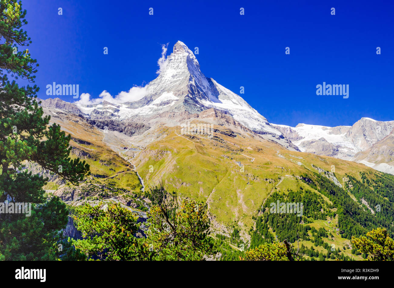Zermatt, Switzerland. East and north faces of the Matterhorn summertime in Swiss Pennine Alps. Stock Photo