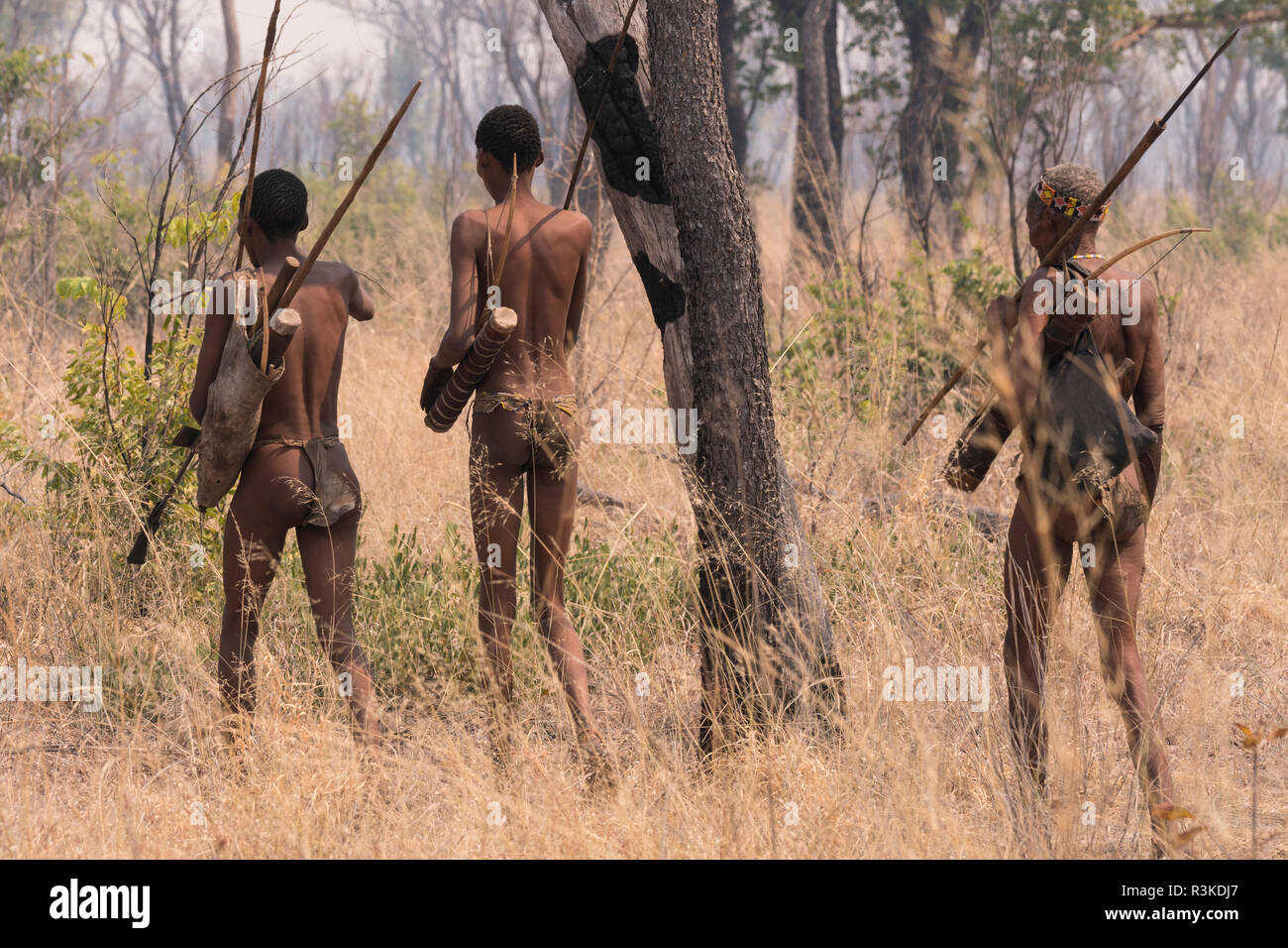 Three San Bushmen Look For Food And Other Things They Need From The African Bush Eastern