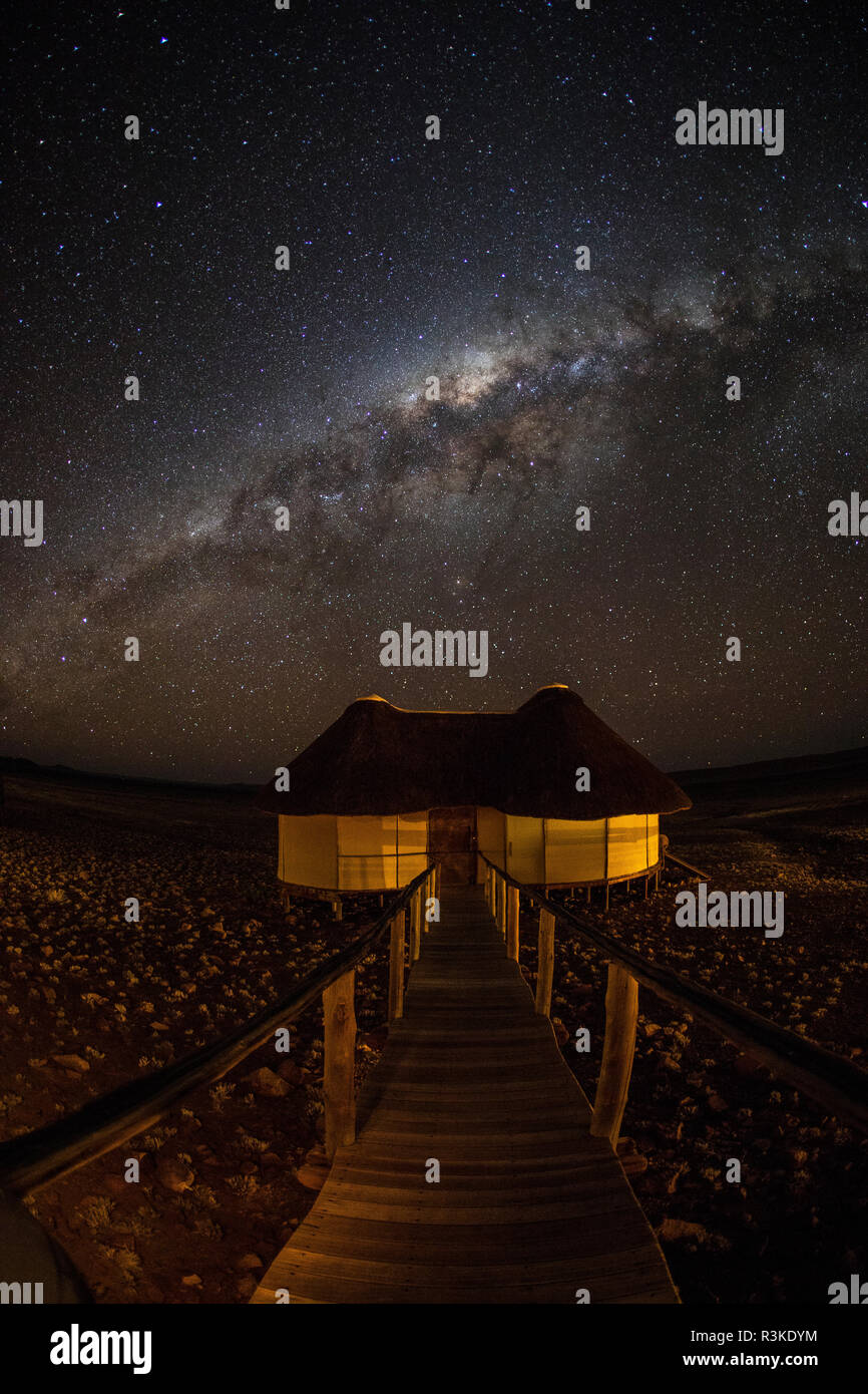 Africa, Namibia, Milky Way over tent at Sossus Dune Lodge Stock Photo