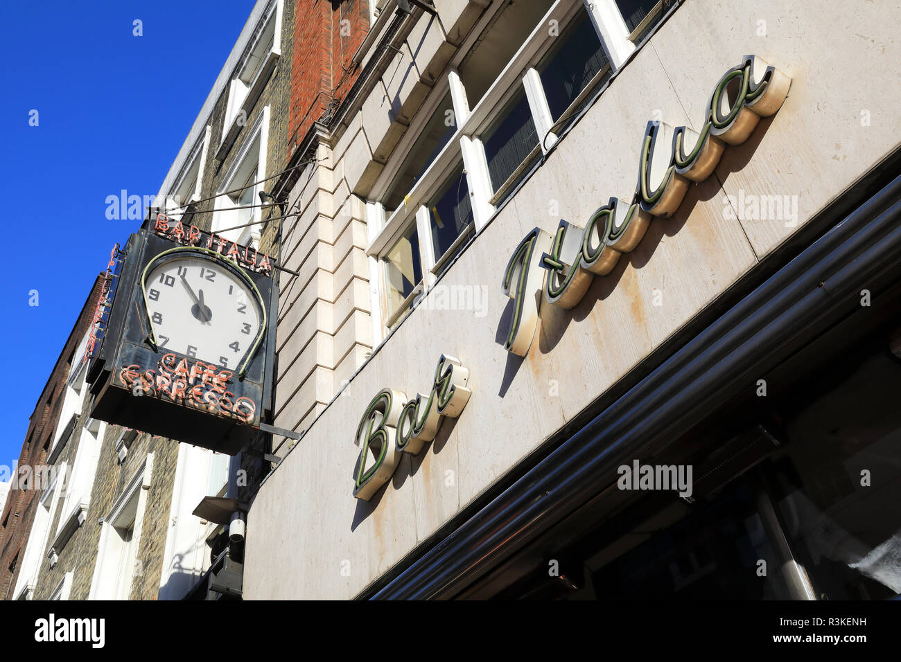 Bar Italia on Frith Street, the Italian cafe in Soho, popular with Italian football fans, post-club crowds, musicians amd mods, in London, UK Stock Photo