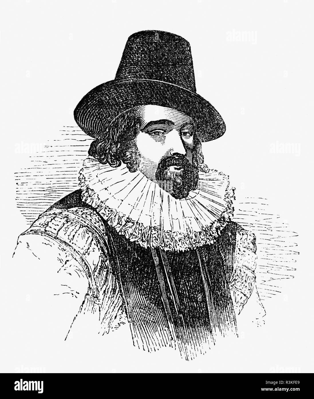 Francis Bacon, (1561-1626) was an English philosopher, statesman, scientist, jurist, orator, and author. He served both as Attorney General and as Lord Chancellor of England. After his death, his works remained influential in the development of the scientific method during the scientific revolution. Called the father of empiricism,  his works argued for the possibility of scientific knowledge based only upon inductive reasoning and careful observation of events in nature. Stock Photo