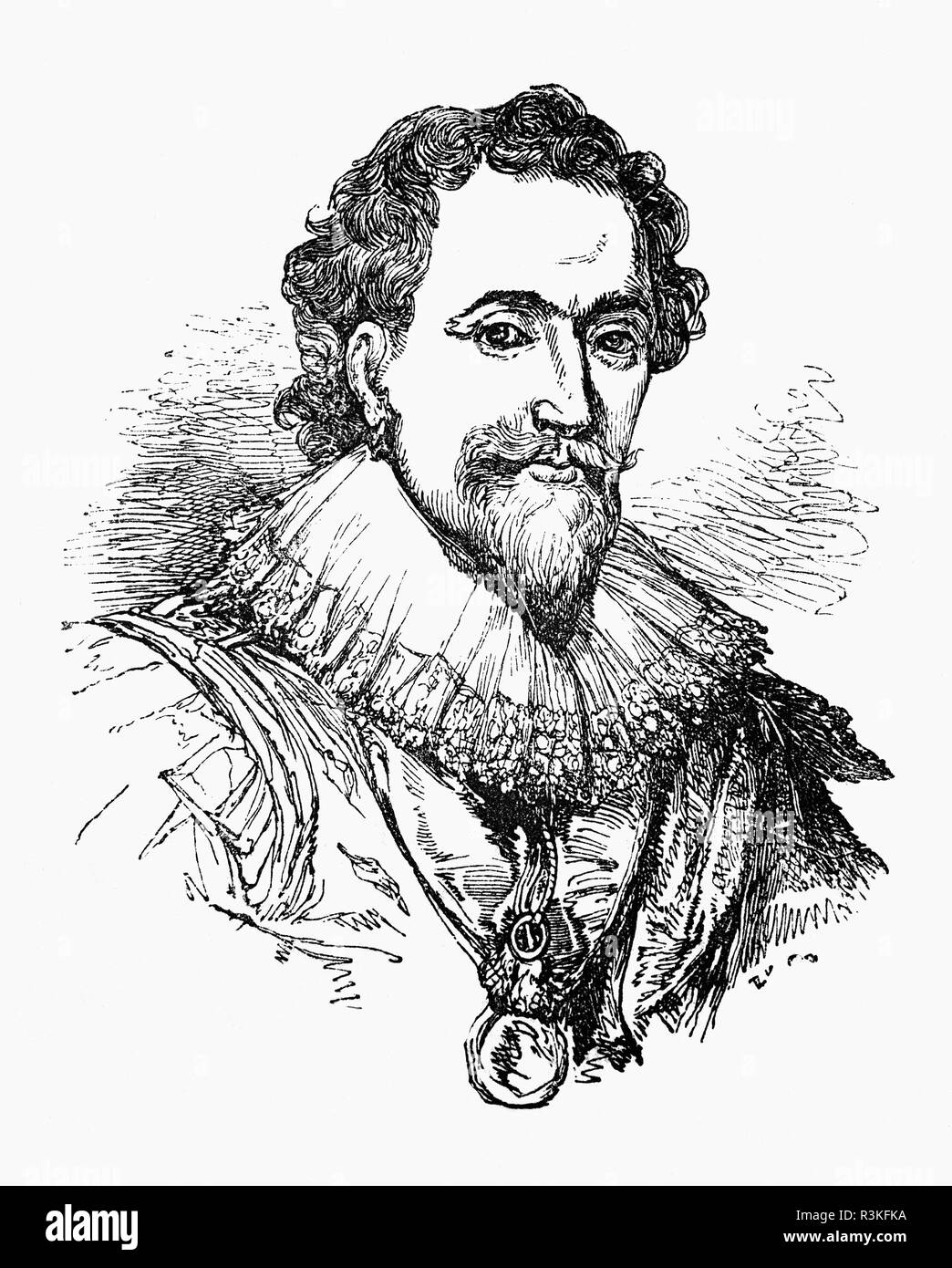 William Herbert, 3rd Earl of Pembroke (1580-1630) was an English nobleman, politician, and courtier. He was Chancellor of the University of Oxford and founded Pembroke College, Oxford with King James I. He served as Lord Chamberlain from 1615 to 1625. In 1623, the First Folio of William Shakespeare's plays was dedicated to him, together with his brother, Philip Herbert, 1st Earl of Montgomery.  Herbert was keenly interested in the colonization of the Americas. He was Lord Steward from 1626 to 1630. Stock Photo