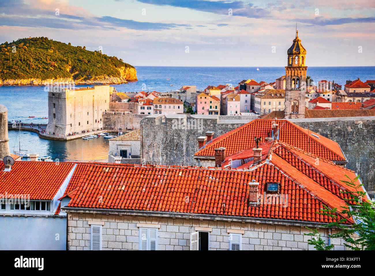 Dubrovnik, Croatia. Spectacular twilight picturesque view on the old town, medieval Ragusa on Dalmatian Coast. Stock Photo