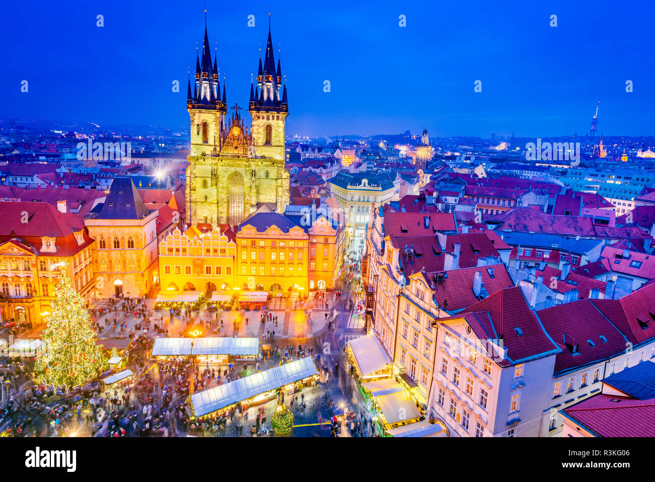 Prague, Czech Republic. Christmas Market in Stare Mesto old square, Tyn Church, Bohemia. Stock Photo