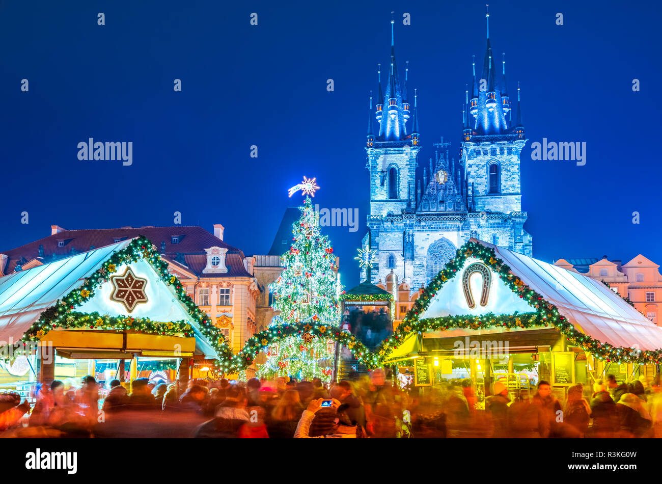 Prague, Czech Republic. Christmas Market in Stare Mesto old square, Tyn Church, Bohemia. Stock Photo