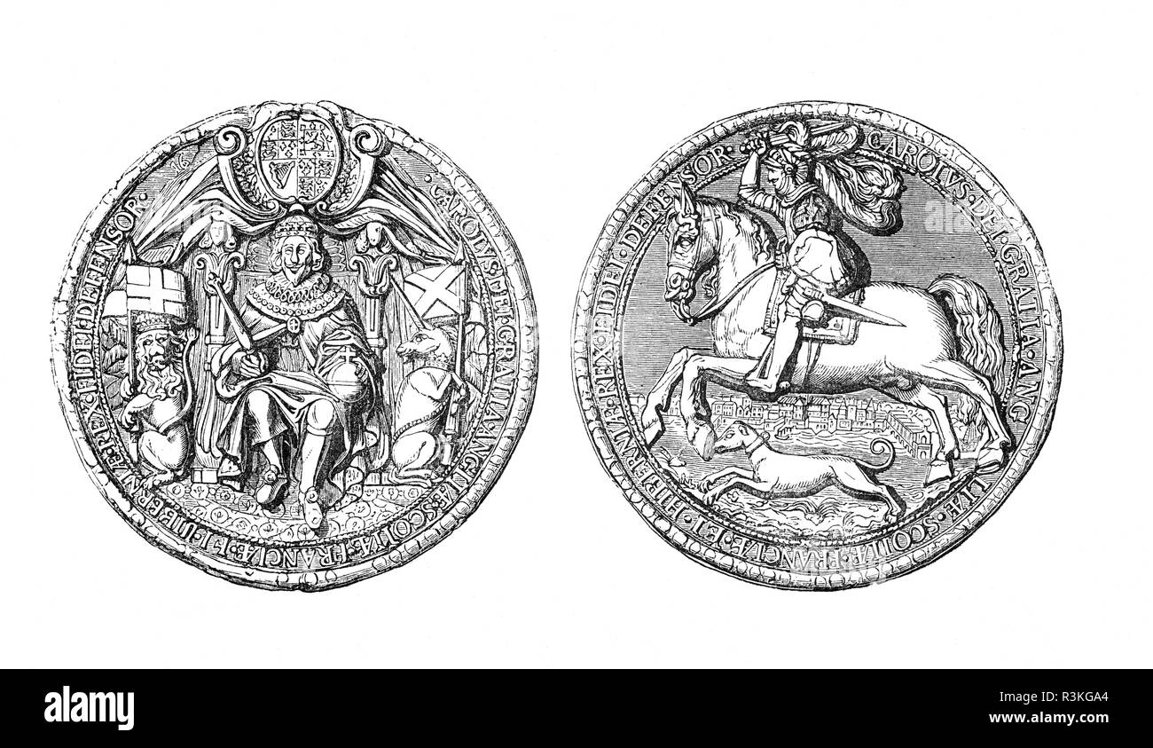 The Great Seal of Charles I (1600-1649) monarch over the three kingdoms of England, Scotland, and Ireland from 27 March 1625 until his execution in 1649.  He was born into the House of Stuart as the second son of King James VI of Scotland, but after his father inherited the English throne in 1603, he moved to England, where he spent much of the rest of his life. He became heir apparent to the thrones of England, Scotland and Ireland on the death of his elder brother, Henry Frederick, Prince of Wales, in 1612. Stock Photo