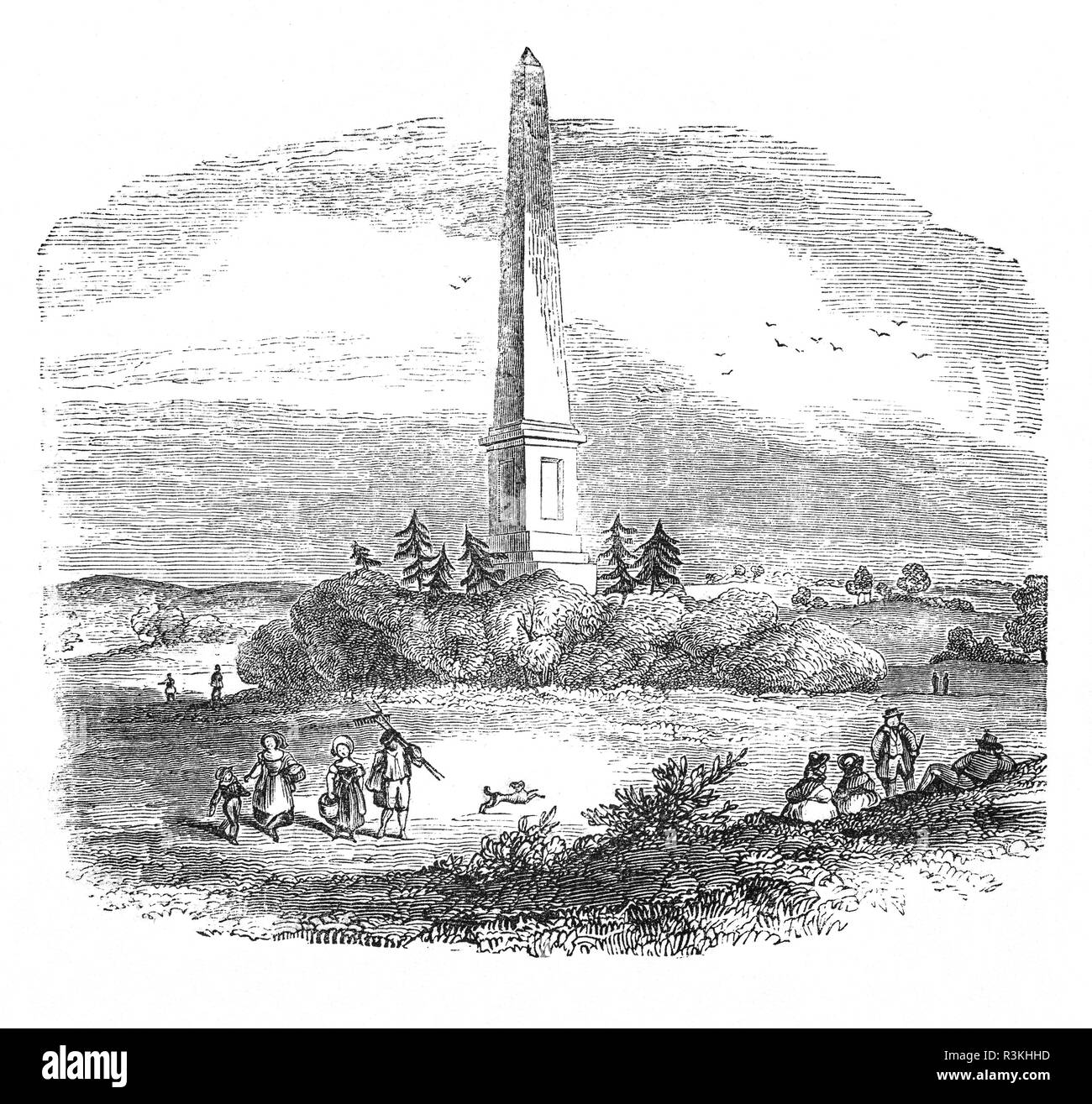 An obelisk marking the site of the Battle of Naseby by Oliver Cromwell to William Lenthall, an English politician who served as Speaker of the House of Commons. The battle was a decisive engagement of the English Civil War, fought on 14 June 1645 between the main Royalist army of King Charles I and the Parliamentarian New Model Army, commanded by Sir Thomas Fairfax and Oliver Cromwell. King Charles I lost the bulk of his veteran infantry and officers, artillery and stores, his personal baggage and many arms, ensuring the Royalists would never again field an army of comparable quality. Stock Photo